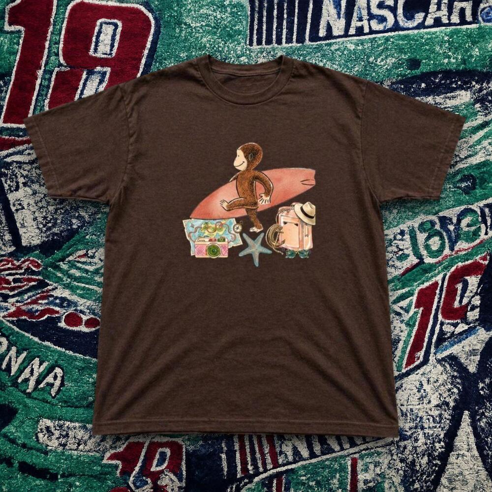 Curious George Surf Trip Graphic Brown T-Shirt Cute Cartoon Beach Vibes Tee